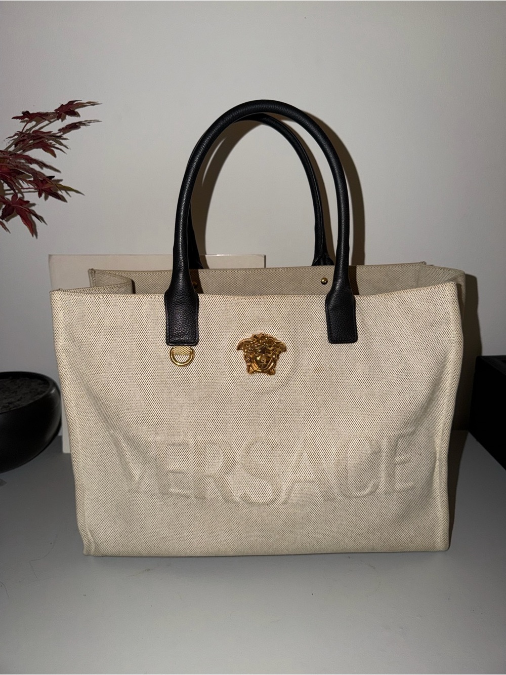 Versace Cream Canvas Tote with Black Handles and Gold Medusa